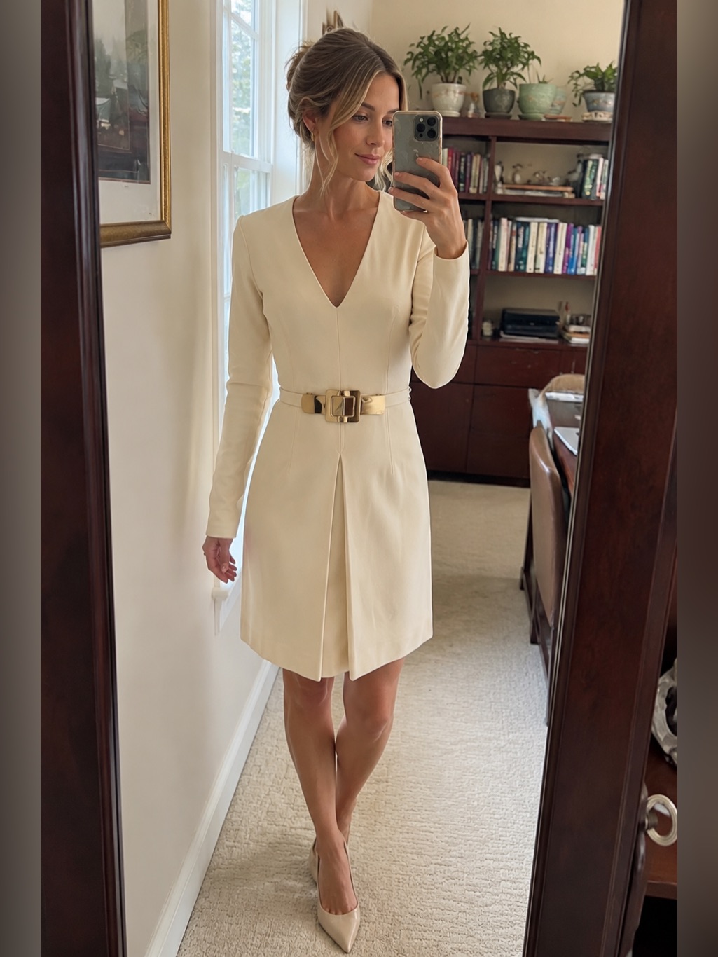Milly Cream Ivory Dress With Gold Belt Xs Classic Long Sleeve